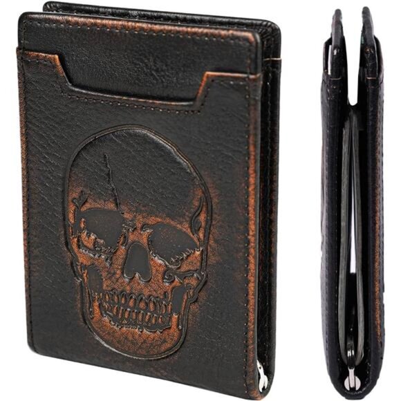 Skull Wallet for Men with Money Clip Genuine Leather Bifold RFID Blocking - Picture 1 of 8
